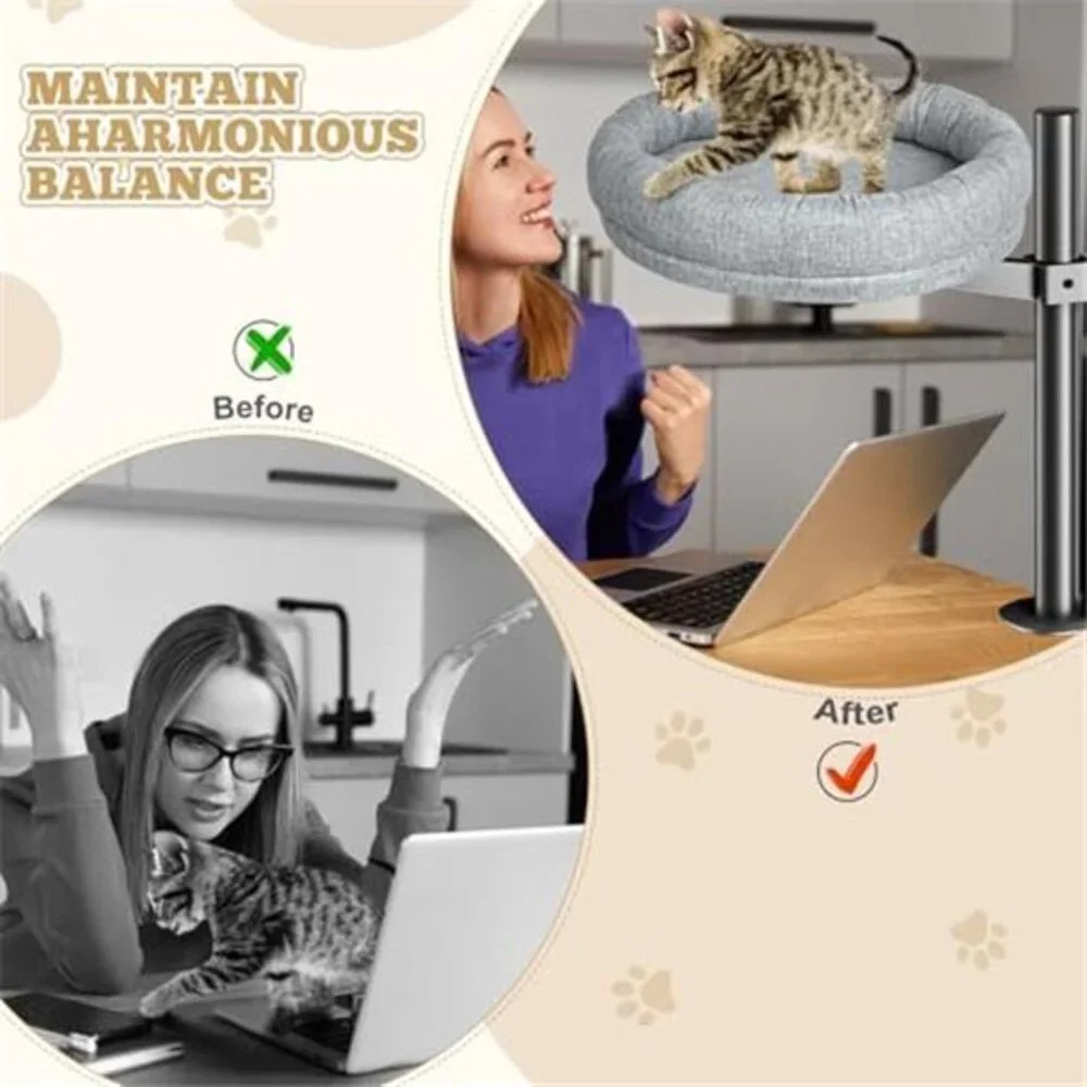 Cat Desk Bed Elevated Adjustable Height Rotating Indoor Cat Lounge Grey Up to 40